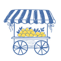 Hand-drawn doodle of a vintage lemon cart with striped awning. Summer fruit, market stand, organic citrus illustration for fresh lifestyle design