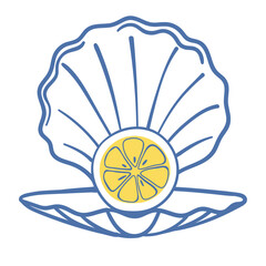 Hand-drawn doodle seashell with lemon slice inside. Creative summer citrus illustration, tropical seafood inspiration, fresh and healthy lifestyle design.
