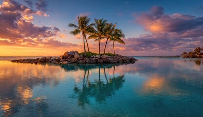 Tropical island paradise at sunset