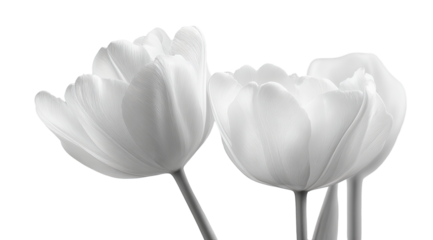 Close-up grayscale image of three white tulips.  Soft focus,  emphasizing petal details