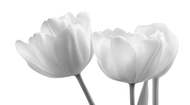 Close-up grayscale image of three white tulips.  Soft focus,  emphasizing petal details