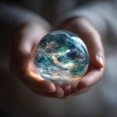 Fototapeta premium Gentle hands hold glowing crystal ball revealing a miniature earth filled with hope and wonder