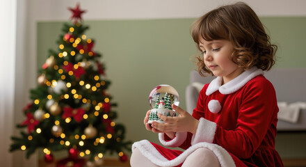 Young girl in red dress admiring Christmas snow globe by tree  