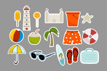A colorful beach clipart collection featuring  umbrella, palm trees, and starfish.
