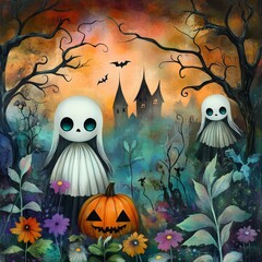 Whimsical Halloween scene with ghosts and pumpkin