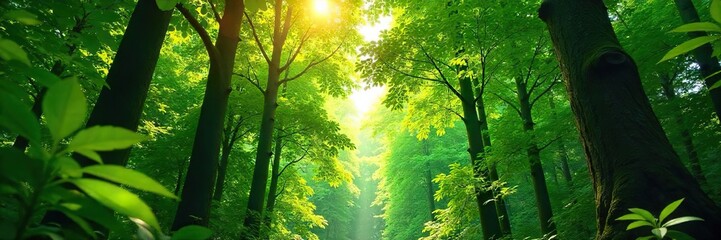 Obraz premium Lush green forest canopy, dappled sunlight filtering through leaves, creating a vibrant and tranquil scene Perfect for nature, ecology, and environmental themes , vegetation, ecology, canopy