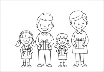 Cheerful family holding gift boxes outline illustration for chri