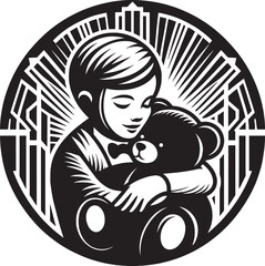 Naklejka premium Monochrome Illustration of a Child Embracing a Teddy Bear Symbolizing Childhood and Comfort