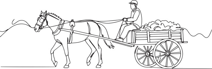 Vintage farming scene showcasing continuous line drawing of hors