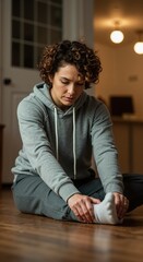Fototapeta premium Person in grey sweatshirt and sweatpants sitting on wooden floor stretching legs in cozy home, relaxed mood, healthy lifestyle concept for wellness campaigns and fitness promotions vertical