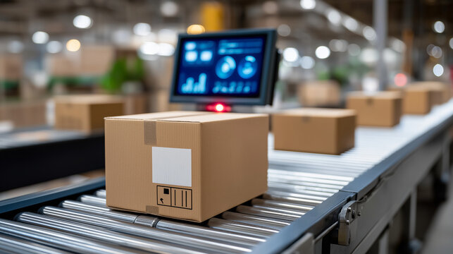 Workers oversee a robotic sorting system in a logistics center with packages sliding sensors scanning conveyors directing and a digital dashboard updating presented in a fast