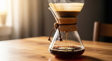 Coffee is being brewed using a pour-over method into a glass carafe on a wooden table.