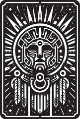 Mystical Aztec Sun God Symbol in Black and White Vector Illustration Art Design