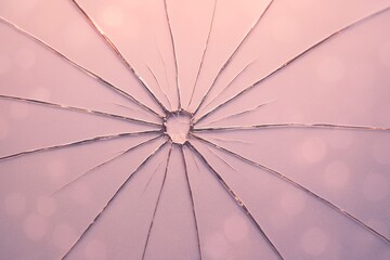 Shattered Glass with Spiderweb Cracks on Pink and Purple Pastel Background with Soft Bokeh Lights