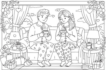 Couple in cozy pajamas drinking hot cocoa on sofa coloring page