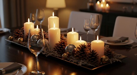 Candle centerpiece with pinecones for festive dinner