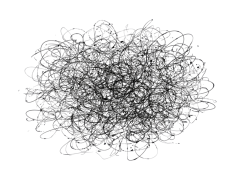 A chaotic, dense cluster of tangled, dark gray threads