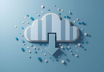 Cloud Data Download, A fluffy cloud in the sky has a visible data stream downloading to a building below, Information Rain: Receiving Data from the Cloud