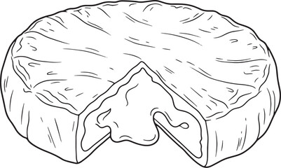 Elegant line drawing of baked brie with melting cheese core, app