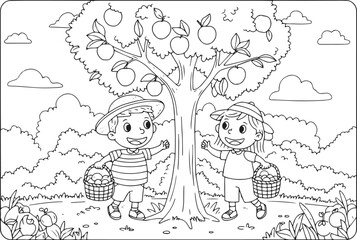 Kids Enjoying Apple Picking in Orchard Coloring Page for Creativ