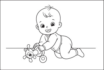 Illustration of a cute crawling baby playing with a toy in black