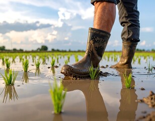 Farmer's Boots in Paddy Field Stepping into the Future of Rice Cultivation