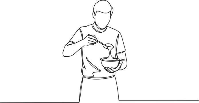 Single line drawing of a man eating food from a bowl with a spoo