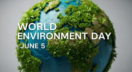 Green vegetation covers a blue globe, showcasing World Environment Day, June 5th, symbolizing environmental conservation and sustainability
