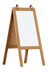 A light brown wooden A-frame easel, with a blank white surface