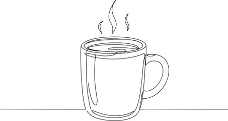 Minimalist line drawing of steaming coffee mug, cozy beverage co