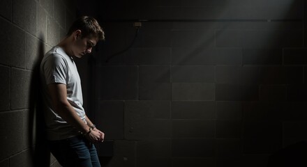 Young man with hands cuffed sitting against wall in dark room