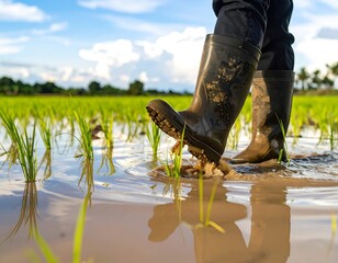 Farmer's muddy boots stepping carefully through a flooded rice field, nurturing the growth of new green seedlings