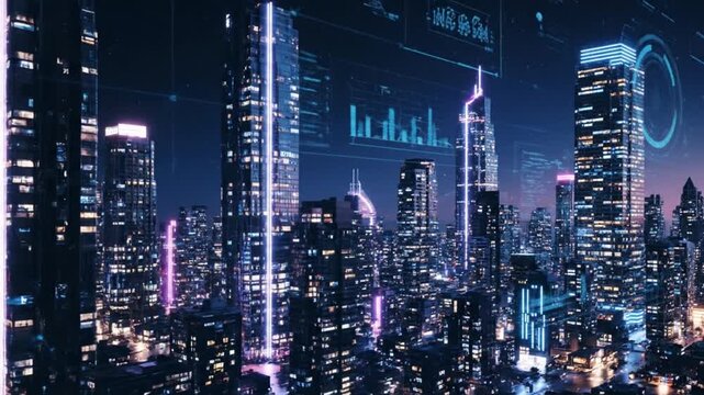 Futuristic Cityscape at Night with Dynamic Data Overlay Stock Photo