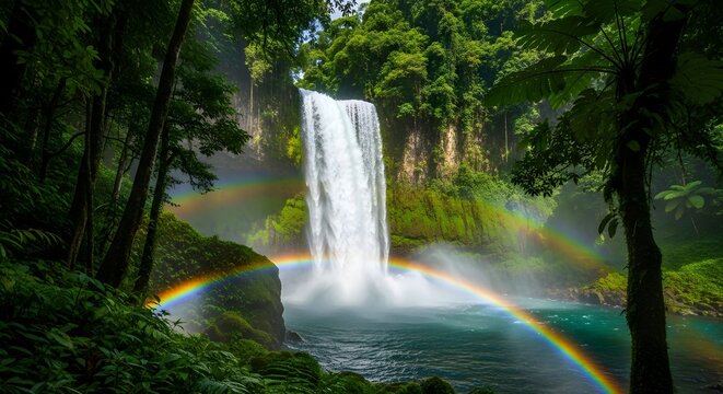 A majestic waterfall cascades into a turquoise pool, framed by a vibrant double rainbow in a lush green rainforest.