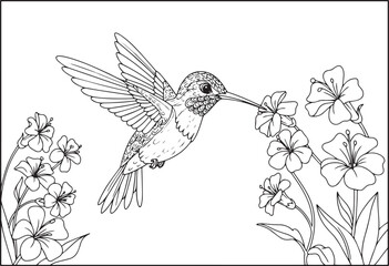 Obraz premium Hummingbird with florals in monochromatic outline drawing style