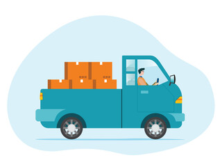 Pickup truck delivering cargo. shipping service. delivering with a pickup truck. a man drives a pick up truck.
