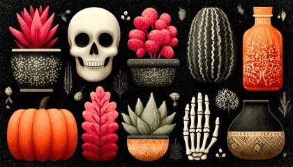 Ghost vector illustrations set with abstract designs, skeleton hands, and pumpkins.