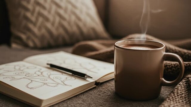 Warm cup of coffee beside open notebook and pen on cozy sofa  