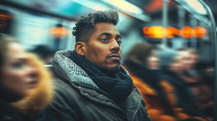 Cinematic portrait of a man sitting alone in subway with blurred crowd around