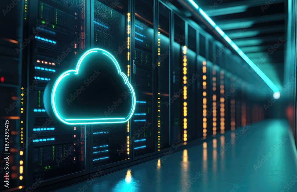 Aufkleber futuristic glowing cloud icon in modern data center corridor with digital servers, representing clou