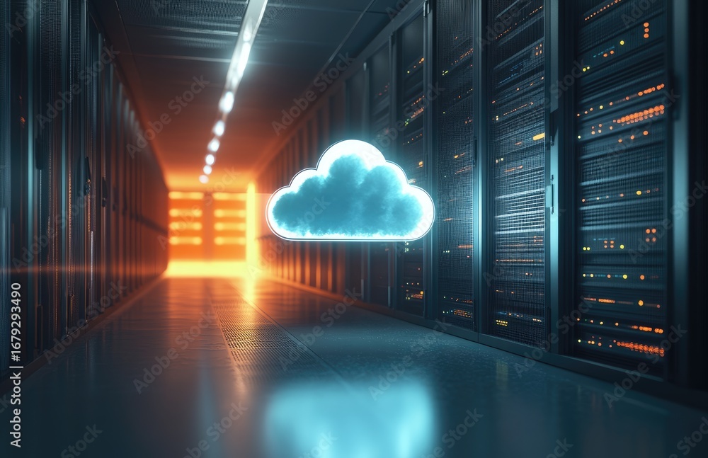 Aufkleber glowing cloud hologram in futuristic data center hallway with digital servers, symbolizing cloud com