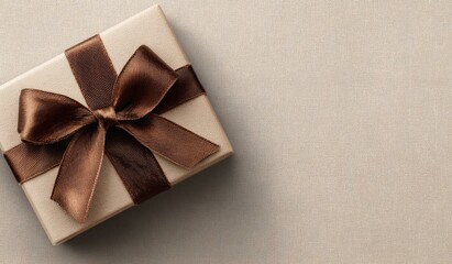 A light beige gift box with a rich brown ribbon