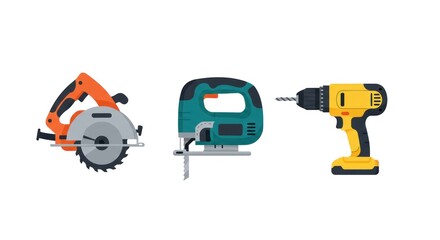 Fototapeta premium Illustration of three power tools: a circular saw, a jigsaw, and a drill, arranged side-by-side on a white background.