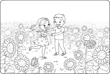 Joyful children spinning in a whimsical sunflower field coloring
