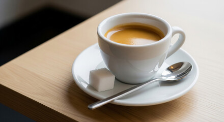 A close-up shot of a white coffee cup with espresso, saucer, sugar, and spoon on a wooden table.