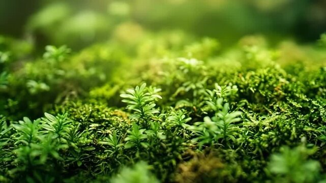 Close-up video of lush green moss with tiny leaves illuminated by soft natural light. Video for nature, ecology, environment, relaxation, or botanical projects.