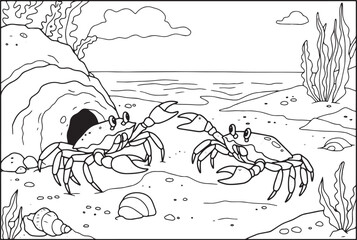 Fototapeta premium Two happy cartoon crabs standing on a sandy beach coloring page