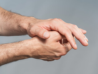 Male Hands Adjusting Wrist Gesture on Neutral Gray Background