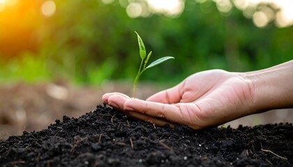 A hand gently cradles a young sprout emerging from dark soil, backlit by warm sunlight