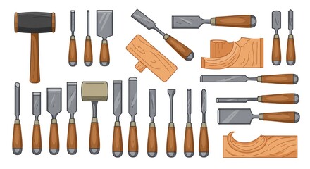 Obraz premium A collection of various woodworking tools, including chisels and mallets, arranged on a white background.